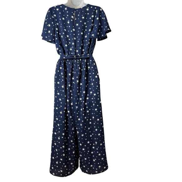 Fig & Olive Celestial Star Wrap Jumpsuit Pockets Tie Waist Wide Leg Navy L NWT - Picture 7 of 11